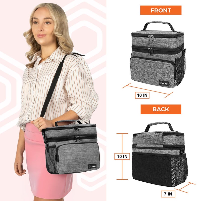 opux Insulated Lunch Bag for Men Women, Large Dual Compartment Cooler Bag, Soft Two Deck Lunch Box for Work School Picnic, Leakproof Lunch Tote with Shoulder Strap for Kid Adult (Gray, Double Deck) - Image 2