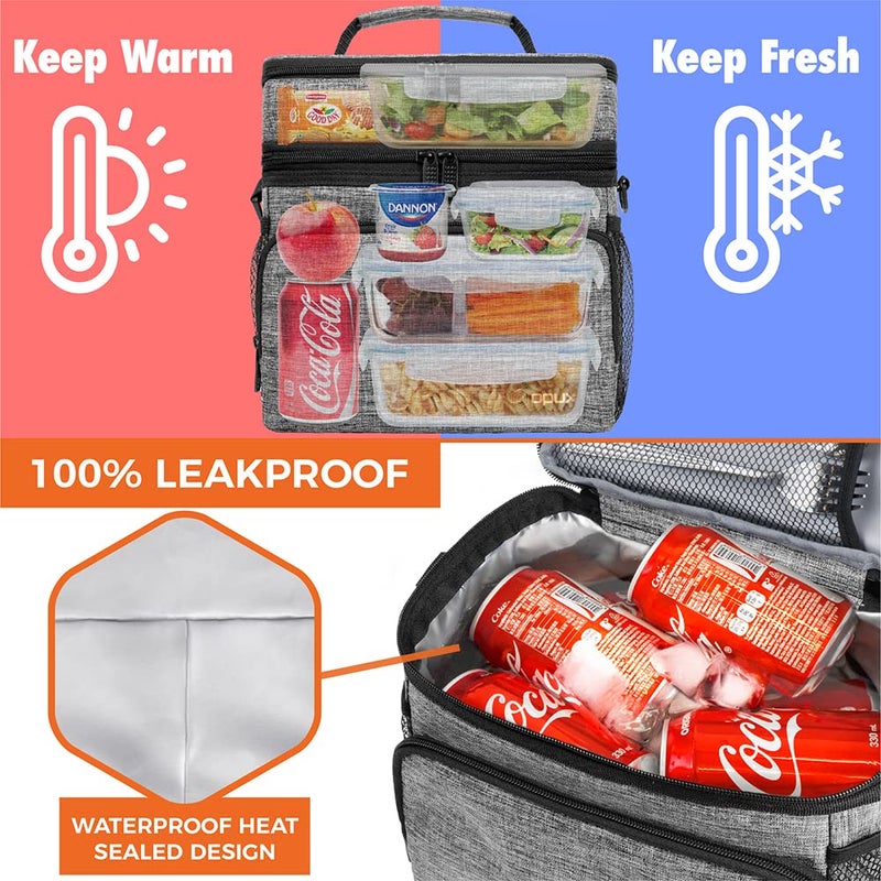 opux Insulated Lunch Bag for Men Women, Large Dual Compartment Cooler Bag, Soft Two Deck Lunch Box for Work School Picnic, Leakproof Lunch Tote with Shoulder Strap for Kid Adult (Gray, Double Deck) - Image 4