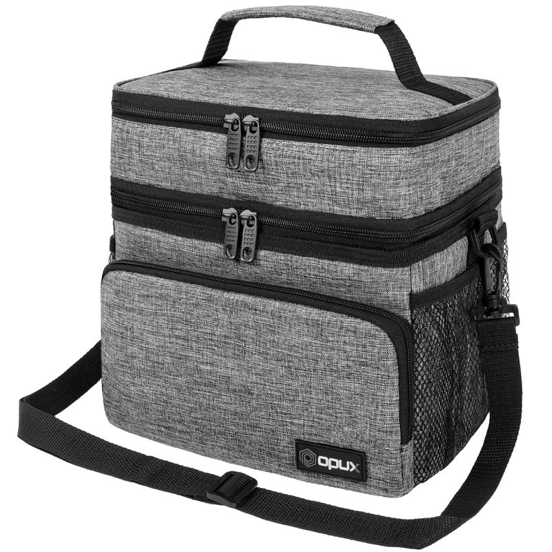 opux Insulated Lunch Bag for Men Women, Large Dual Compartment Cooler Bag, Soft Two Deck Lunch Box for Work School Picnic, Leakproof Lunch Tote with Shoulder Strap for Kid Adult (Gray, Double Deck) - Image 1