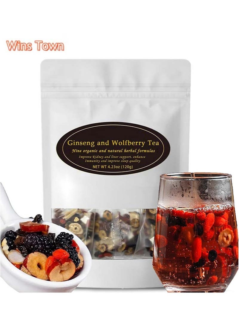 وينز تاون شاي الجينسنغ والتوت البري، أكياس شاي الجينسنغ التسعة - شاي التوت البري الأحمر، منظف الكلى العضوي بالأعشاب الصينية - Image 1