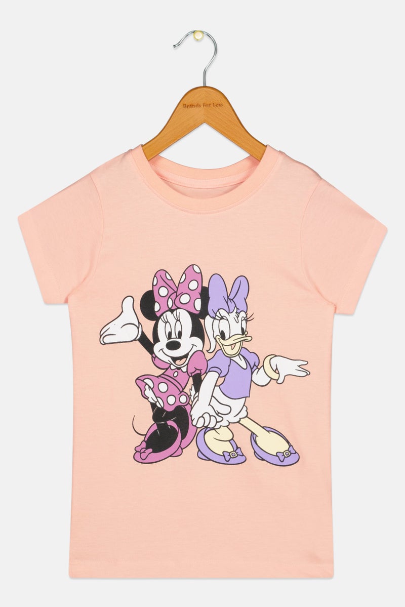 Disney Kids Girl Crew Neck Short Sleeve Mickey Minnie Print T-Shirt, Peach - Image 2