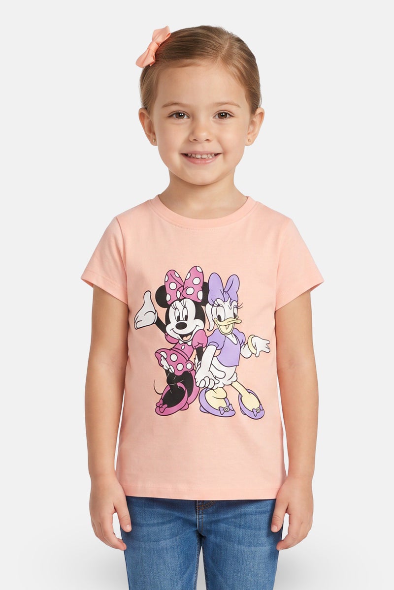 Disney Kids Girl Crew Neck Short Sleeve Mickey Minnie Print T-Shirt, Peach - Image 1