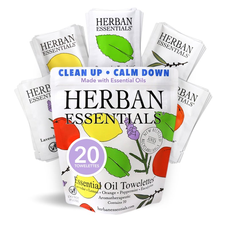 Herban Essentials - Assorted Wipes & Towelettes - Essential Oil Wipes for Hands, Face and Body - Travel Size Essentials and Toiletries - Natural, Individually Wrapped, Disposable and Moist (20 count) - Image 1