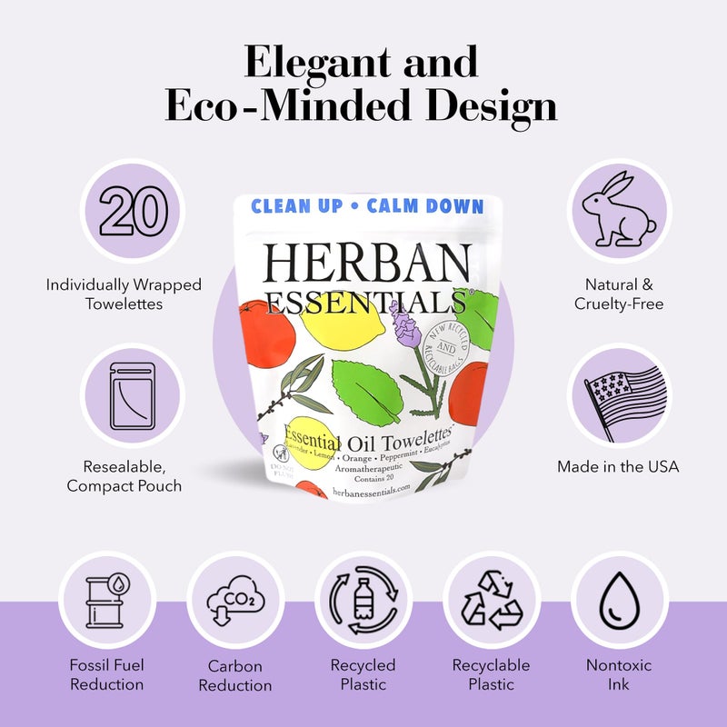 Herban Essentials - Assorted Wipes & Towelettes - Essential Oil Wipes for Hands, Face and Body - Travel Size Essentials and Toiletries - Natural, Individually Wrapped, Disposable and Moist (20 count) - Image 3
