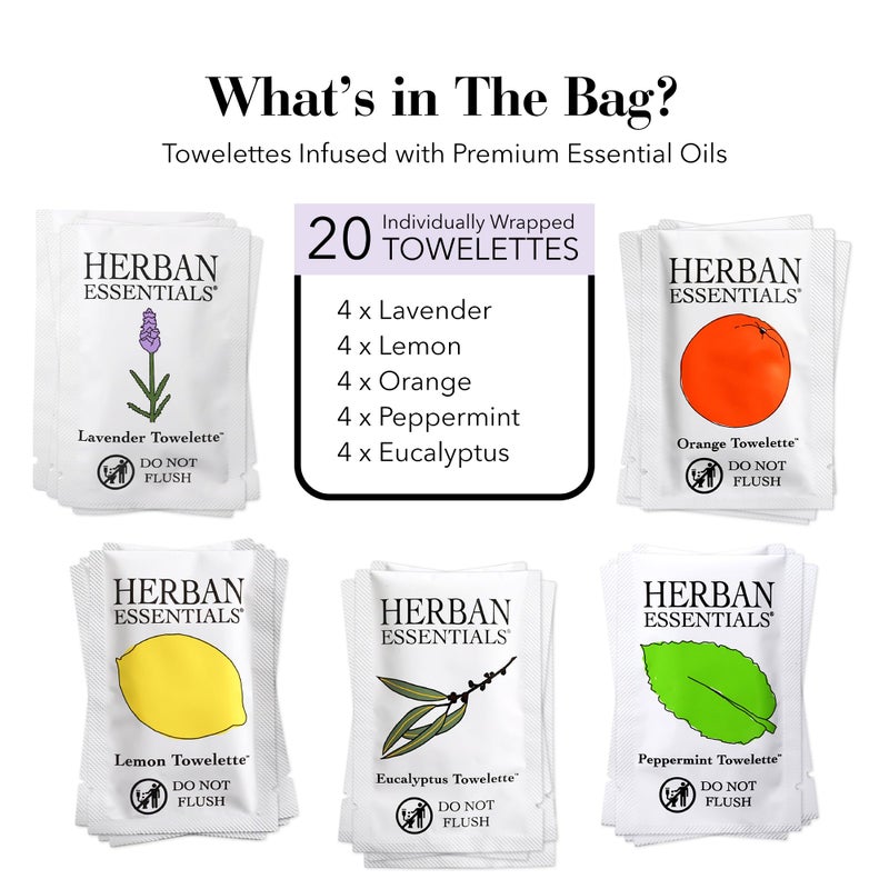 Herban Essentials - Assorted Wipes & Towelettes - Essential Oil Wipes for Hands, Face and Body - Travel Size Essentials and Toiletries - Natural, Individually Wrapped, Disposable and Moist (20 count) - Image 2