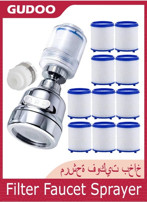 Filter Faucet Sprayer 360°Rotation 3 Modes Adjustable Kitchen Splash-proof Water Faucet Faucet Booster Transparent with 9 Pcs Replaceable Filter Cartridges (1+9Pcs)