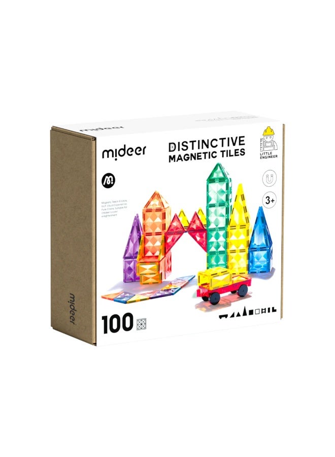 Mideer Colorful Distinctive Magnetic Tiles 100 Pieces, Transparent Magnetic Building Blocks with Triangles, Squares & Car Pieces, 2D & 3D Construction Toy for Ages 3+ - Image 1