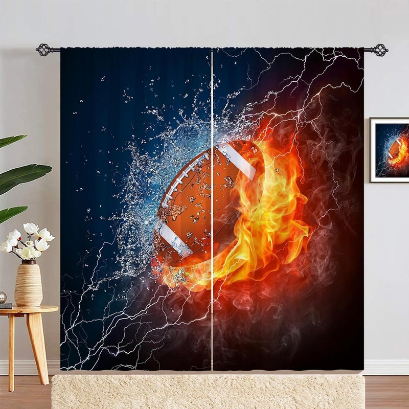 ستائر رياضية للأطفال مقاس 42 × 84 بوصة بجيوب قضيب، كرة قدم، ماء، نار، رجبي، لهب، رعد، برق، نمط مطبوع، ستائر نافذة من القماش للخصوصية، لغرفة نوم الأولاد وغرفة الأطفال وغرفة اللعب، لوحتان. - Image 1
