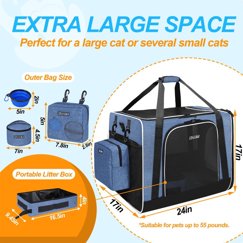 Petskd Extra Large Cat Carrier with Litter Box 24"x17"x17" for Medium Large Cat or 2 Small Cats, Collapsible Soft Sided Pet Carrier for Car Travel with Lockable Safety Zippers(Blue) - Image 3