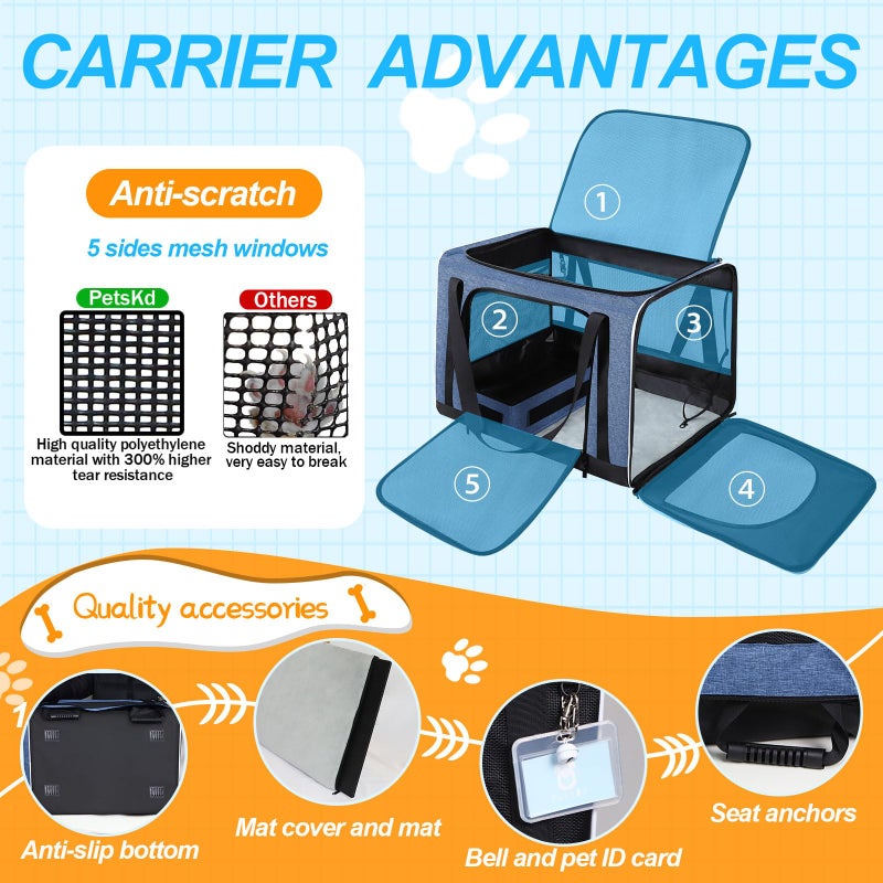 Petskd Extra Large Cat Carrier with Litter Box 24"x17"x17" for Medium Large Cat or 2 Small Cats, Collapsible Soft Sided Pet Carrier for Car Travel with Lockable Safety Zippers(Blue) - Image 5