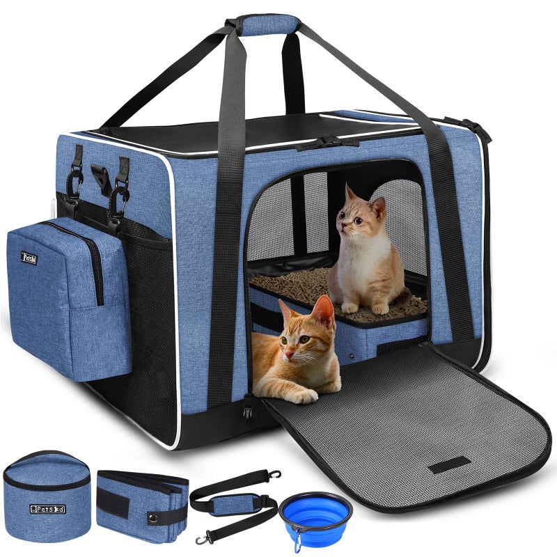 Petskd Extra Large Cat Carrier with Litter Box 24"x17"x17" for Medium Large Cat or 2 Small Cats, Collapsible Soft Sided Pet Carrier for Car Travel with Lockable Safety Zippers(Blue) - Image 1