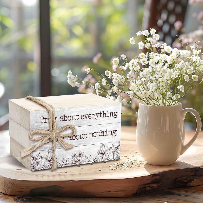 BXVRT Christian Decorative Book Stack for Farmhouse, Tiered Tray Decor Inspirational Gifts, Religious Stacked Books Set, Pray About Everything Worry About Nothing Wooden Book Decor for Home Office -33 - Image 5