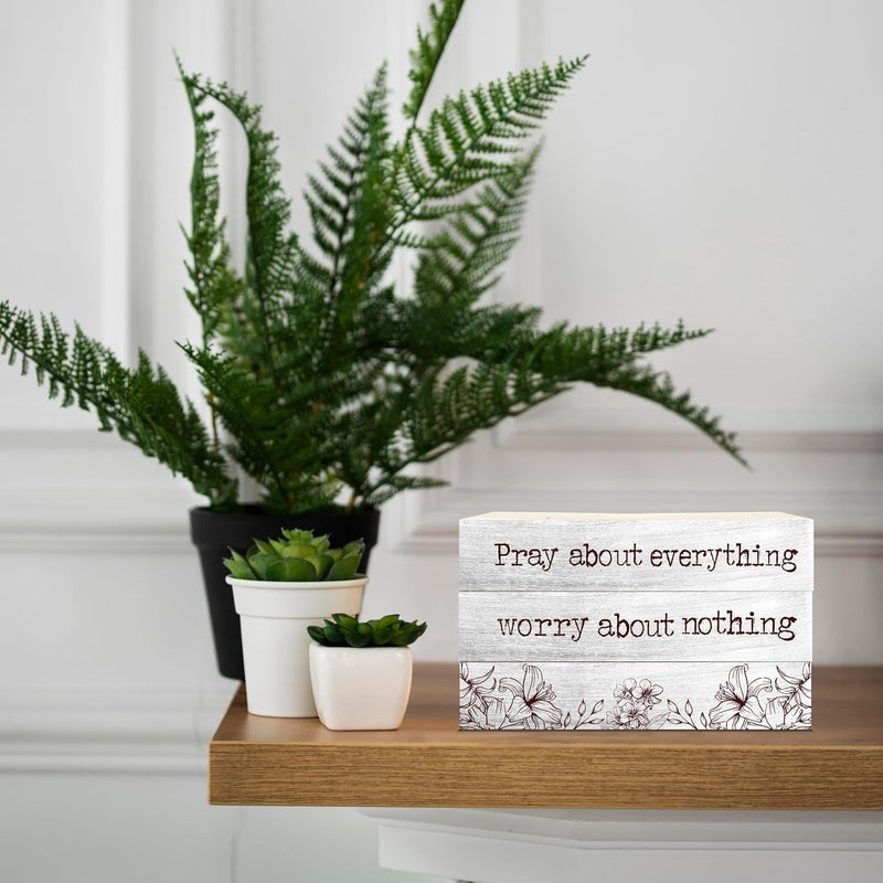BXVRT Christian Decorative Book Stack for Farmhouse, Tiered Tray Decor Inspirational Gifts, Religious Stacked Books Set, Pray About Everything Worry About Nothing Wooden Book Decor for Home Office -33 - Image 3
