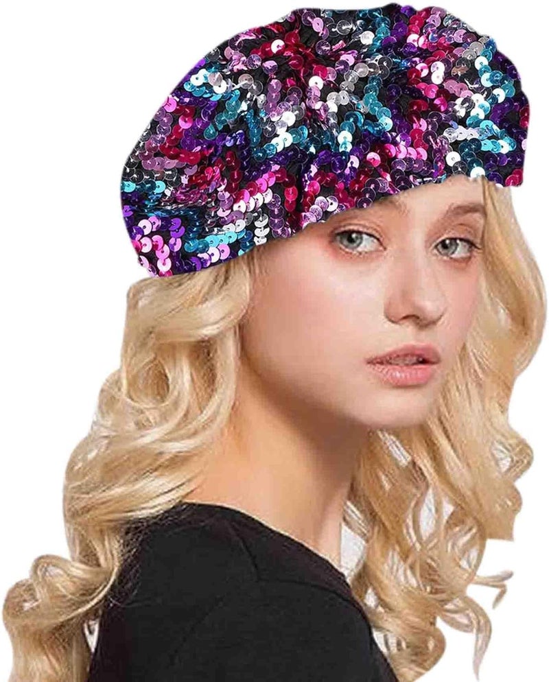 Aibearty Women Girls Sparkly Sequin Beret Hat Fashion Fun Stretch Beanie Cap Headwear for Festival Party Club Halloween - Image 1