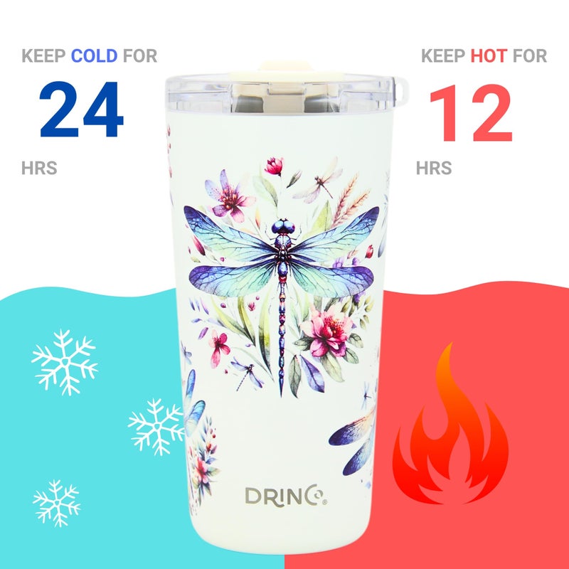 Drinco - 20 oz Stainless Steel Tumbler | Double Walled Vacuum Insulated Mug With Lid, 2 Straws, For Hot & Cold Drinks (20oz Dragonfly) - Image 3