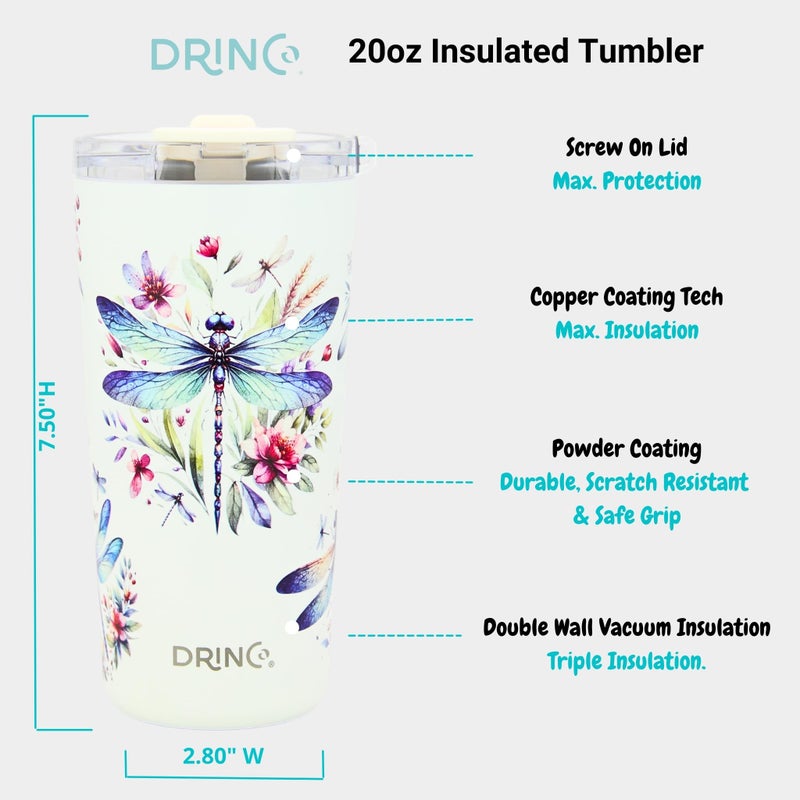 Drinco - 20 oz Stainless Steel Tumbler | Double Walled Vacuum Insulated Mug With Lid, 2 Straws, For Hot & Cold Drinks (20oz Dragonfly) - Image 4