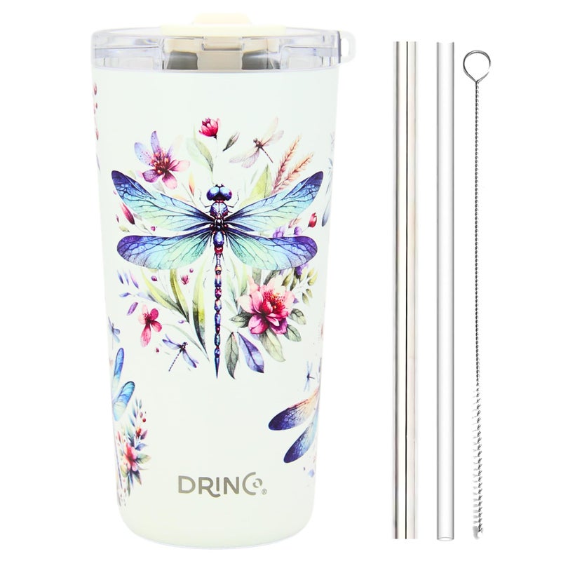 Drinco - 20 oz Stainless Steel Tumbler | Double Walled Vacuum Insulated Mug With Lid, 2 Straws, For Hot & Cold Drinks (20oz Dragonfly) - Image 2