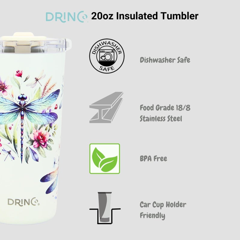 Drinco - 20 oz Stainless Steel Tumbler | Double Walled Vacuum Insulated Mug With Lid, 2 Straws, For Hot & Cold Drinks (20oz Dragonfly) - Image 5