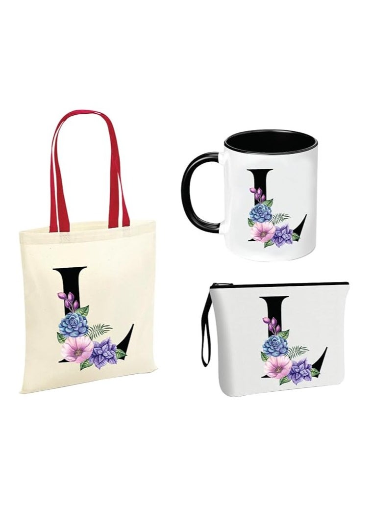 PRINTSHOP4ME Initial Letters Canvas Cotton Tote Bag With Red Handle and Cosmetic pouch for girls - Mug gifts - Pack of 3 Combo set -Giftset for wedding - Gifts for girls - Gift for friends  - Image 1