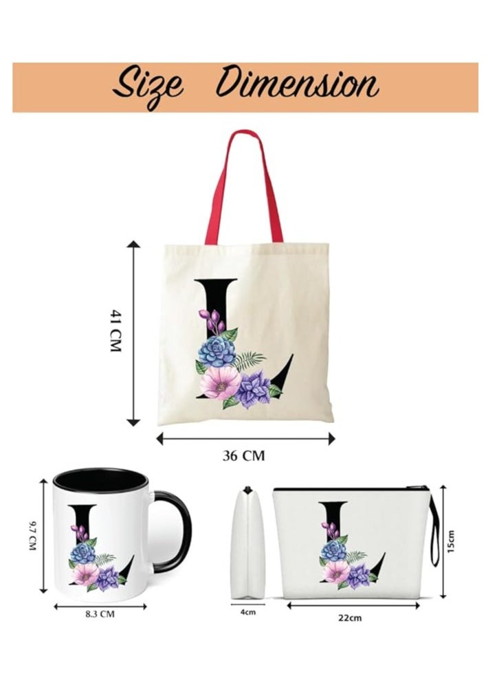 PRINTSHOP4ME Initial Letters Canvas Cotton Tote Bag With Red Handle and Cosmetic pouch for girls - Mug gifts - Pack of 3 Combo set -Giftset for wedding - Gifts for girls - Gift for friends  - Image 3