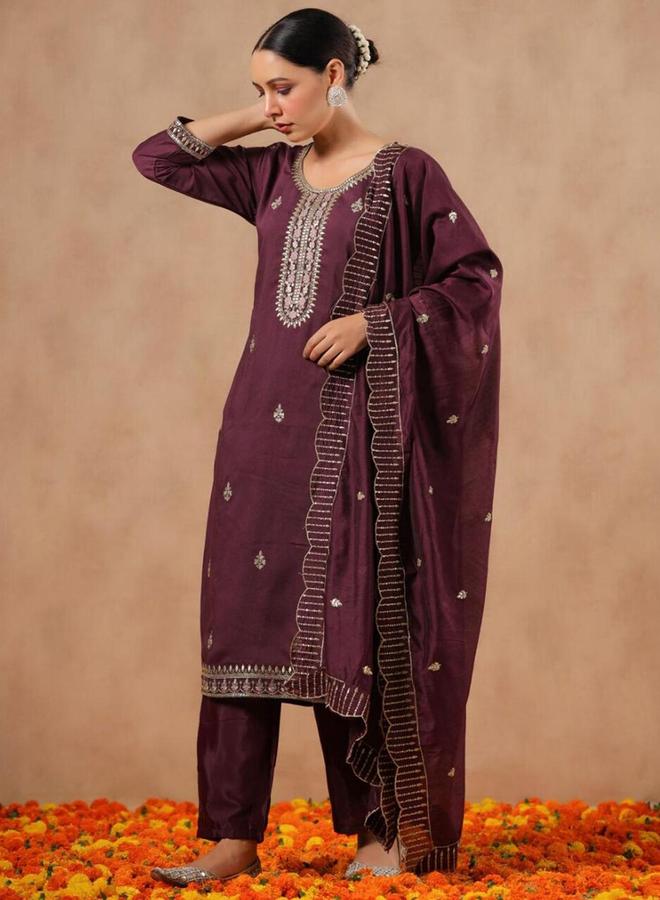 آي شين طقم كورتا وبنطال مع شال بلون بنفسجي بخليط حرير - Image 4