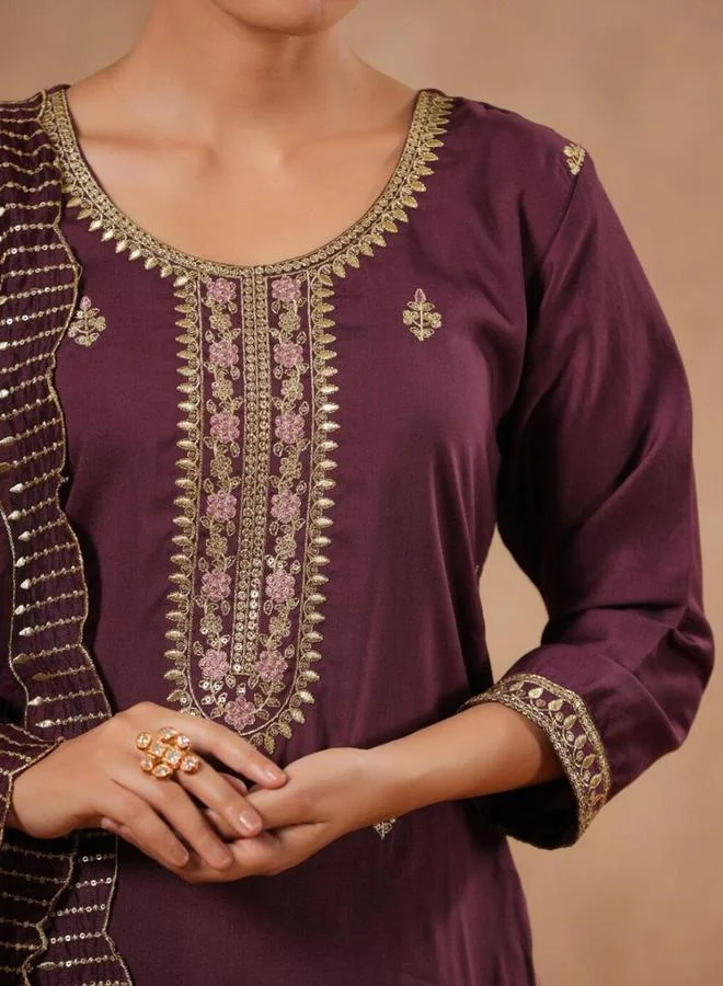 ISHIN Ishin Purple Silk Blend Kurta with Pants and Dupatta Set
