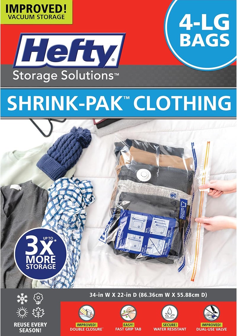 Shrink-Pak Hefty Shrink-Pak - 4 Large Vacuum Seal Storage Bags Space Saver Bags for Clothing, Pillows, Towels, or Blankets, 4 x Large Bags - Image 1