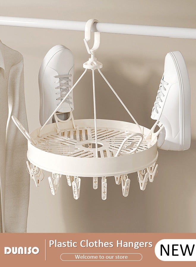 DUNISO Round Plastic Clothes Hangers, Windproof Laundry Clips with Clamp Grip Hook, 360° Rotatable Clothes Drying Rack, Durable Coat and Clothes Hangers with Clips, Durable Lightweight Space Saving Laundry Hangers for Coats, Skirts, Pants, Dress  - Image 1