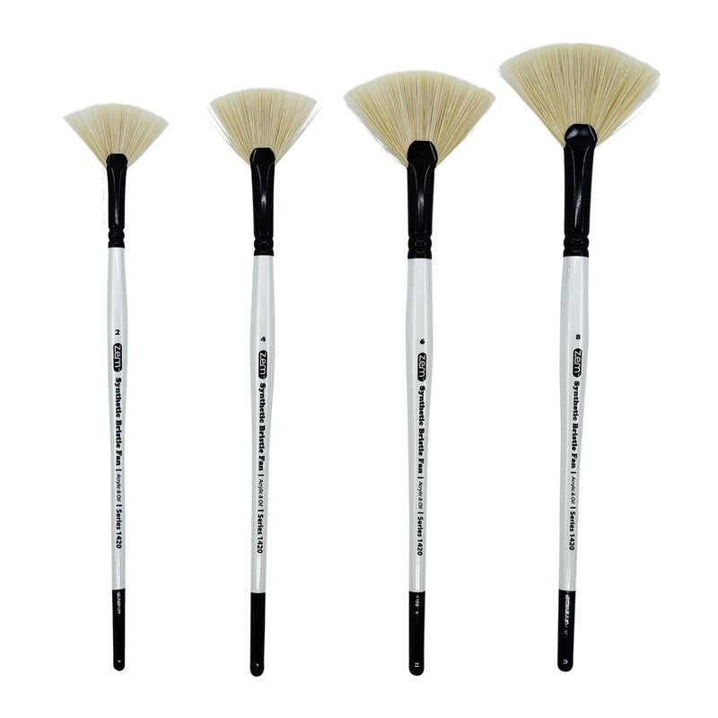 ZEM Brush White Synthetic Filament Fan Artist Brush Set 4 pcs  Acrylic and Oil