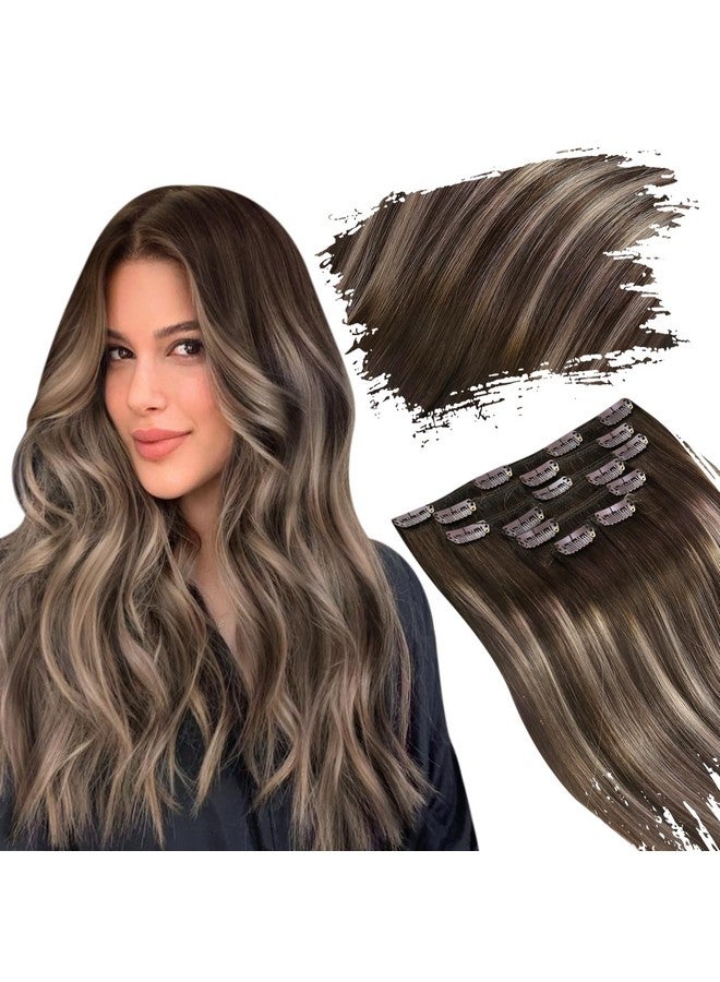 Ugeat Clip In Hair Extensions Human Hair Balayage Dark Brown Ombre Ash Brown Hair Extensions Real Human Hair Clip Ins 16 Inch 7Pcs 120G(105G Hair+15G Clips) - Image 1