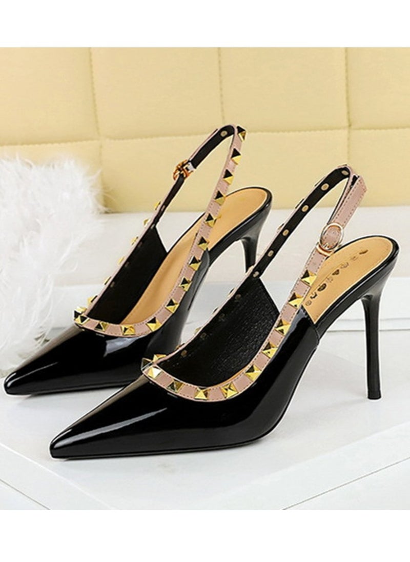 BIGTREE Women's Closed Pointed Toe Stiletto Pump Rivet Decoration High Heels Sandals With Ankle Straps Black 9.5 CM  - Image 1