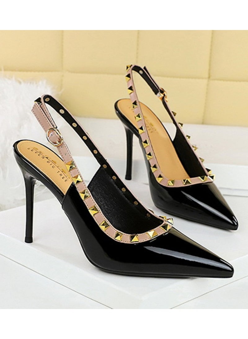BIGTREE Women's Closed Pointed Toe Stiletto Pump Rivet Decoration High Heels Sandals With Ankle Straps Black 9.5 CM  - Image 2