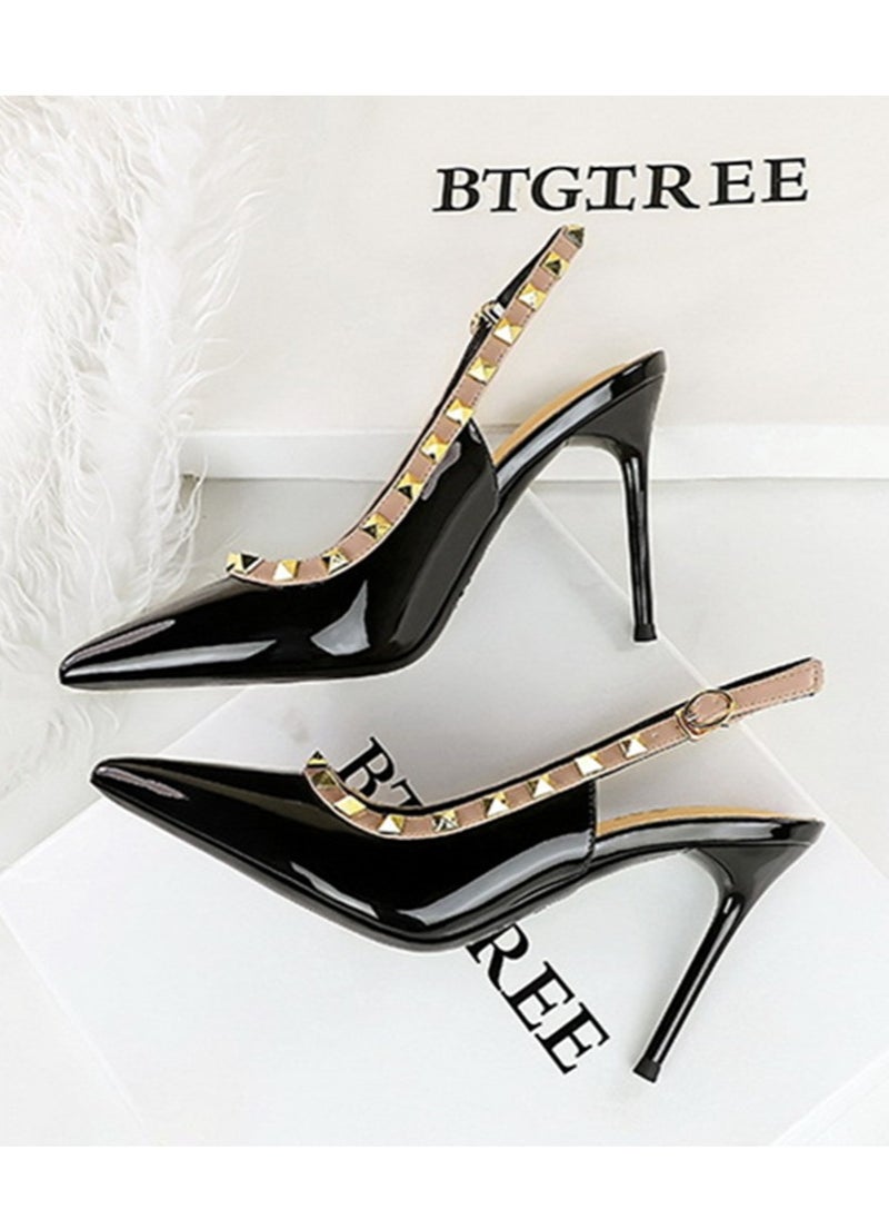 BIGTREE Women's Closed Pointed Toe Stiletto Pump Rivet Decoration High Heels Sandals With Ankle Straps Black 9.5 CM  - Image 3