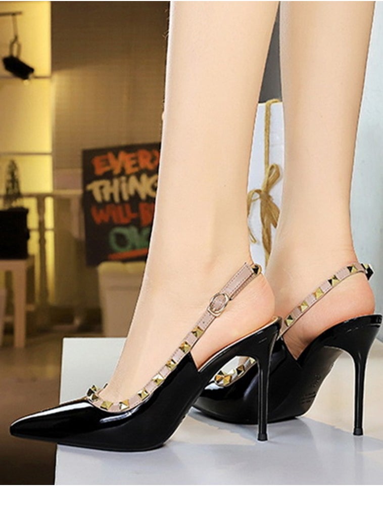 BIGTREE Women's Closed Pointed Toe Stiletto Pump Rivet Decoration High Heels Sandals With Ankle Straps Black 9.5 CM  - Image 5
