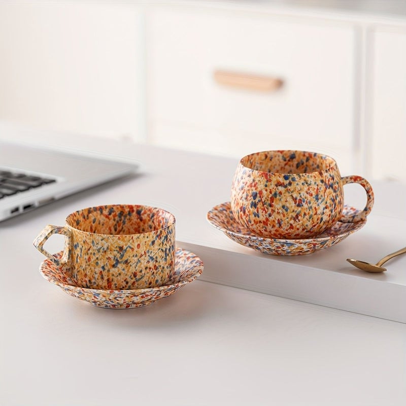 2 Piece Set Splatter Ceramic Coffee Cup And Saucer 180ml Hand Painted Gift - Image 1