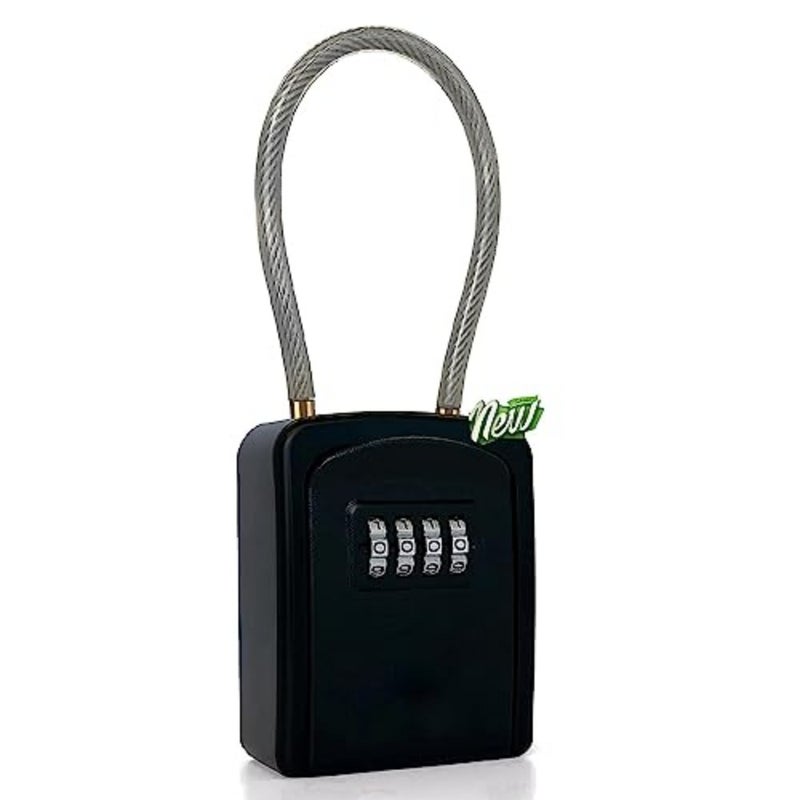Key Lock Box Portable with Removable Cable Shackle, Indoor Outdoor Waterproof 4 Digit Password Combination with Resettable Code Switch Key Lockbox for Outside Hold Spare Key Keys for Realtors - Image 1