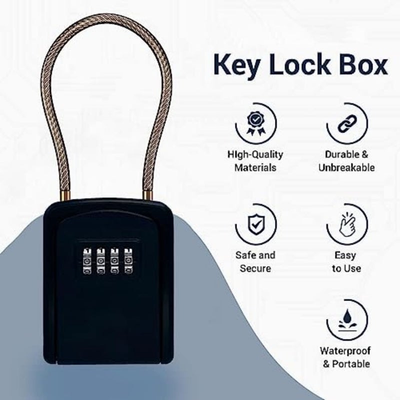 Key Lock Box Portable with Removable Cable Shackle, Indoor Outdoor Waterproof 4 Digit Password Combination with Resettable Code Switch Key Lockbox for Outside Hold Spare Key Keys for Realtors - Image 2