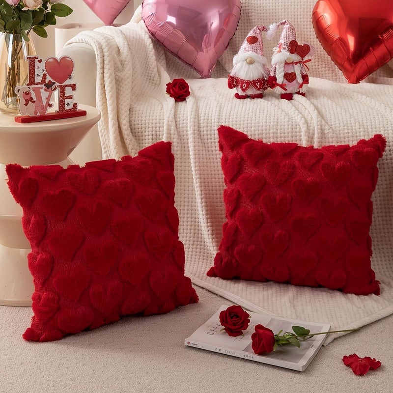 Set Of 2 Red Heart Valentine Pillow Covers 18x18 Inches Soft Fluffy Jacquard For Sofa Bedroom Decor - Image 3