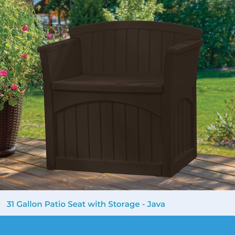 suncast Suncast 31 Gallon Outdoor Backyard Garden Patio Seat Storage and Bench Chair with Arm Rest Java  - Image 4