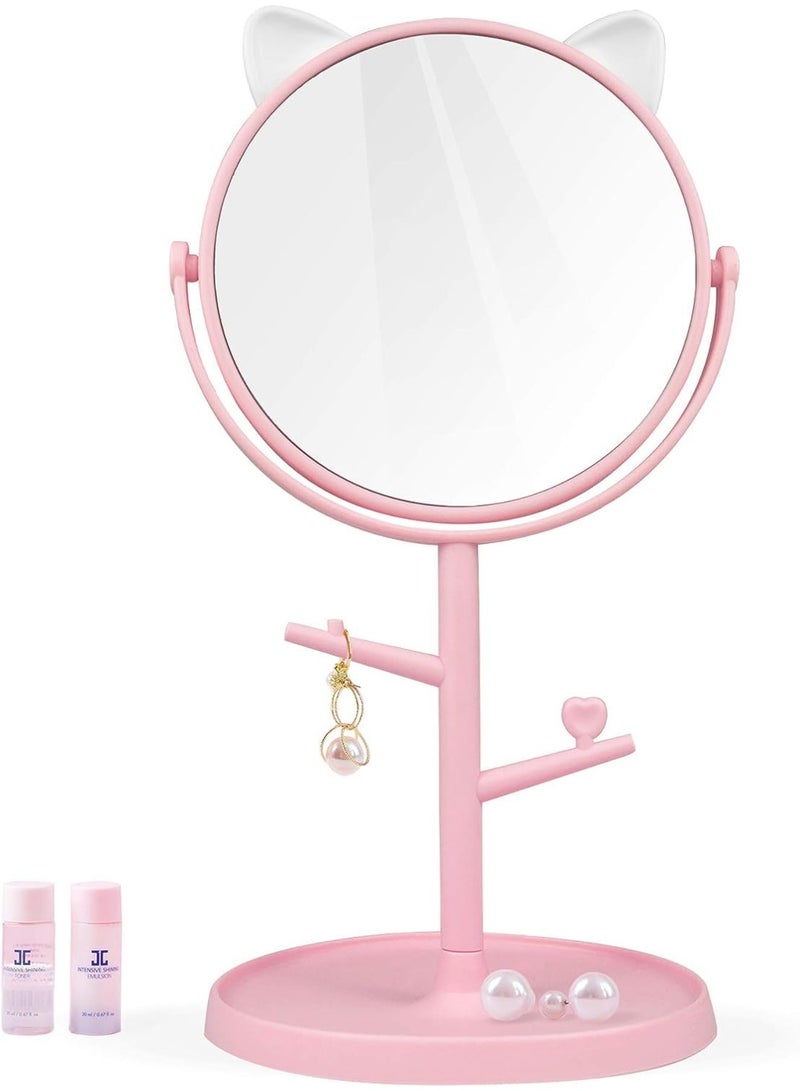 YelaJoy Makeup Mirror with Cute Cat Ears, Desk Mirror with Stand, Vanity Mirror for Women, High Definition Standing Swivel Cosmetic Mirror, 360°Rotation Cosmetic Clear Mirror for Bedroom Tabletop, Bathroom, Office(Pink) - Image 1