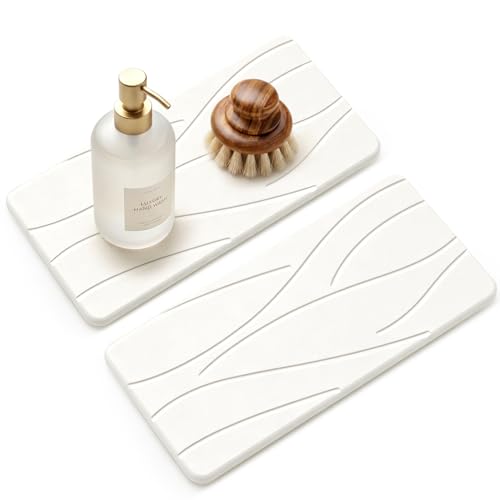 Deceram 2Pcs Water Absorbing Stone Drying Tray for Bathroom Sink Counter Decor Kitchen Soap Dish Dispenser Trays Sponge Holder White Bathroom Vanity Tray Fast Quick Diatomite Stone Drying Mat for Kitchen Sink - Image 1