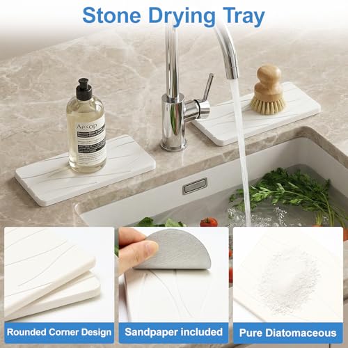 Deceram 2Pcs Water Absorbing Stone Drying Tray for Bathroom Sink Counter Decor Kitchen Soap Dish Dispenser Trays Sponge Holder White Bathroom Vanity Tray Fast Quick Diatomite Stone Drying Mat for Kitchen Sink - Image 4