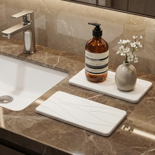 Deceram 2Pcs Water Absorbing Stone Drying Tray for Bathroom Sink Counter Decor Kitchen Soap Dish Dispenser Trays Sponge Holder White Bathroom Vanity Tray Fast Quick Diatomite Stone Drying Mat for Kitchen Sink - Image 3