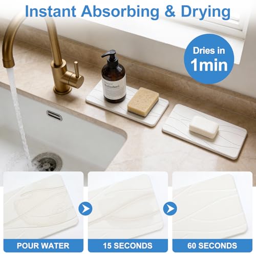 Deceram 2Pcs Water Absorbing Stone Drying Tray for Bathroom Sink Counter Decor Kitchen Soap Dish Dispenser Trays Sponge Holder White Bathroom Vanity Tray Fast Quick Diatomite Stone Drying Mat for Kitchen Sink - Image 2