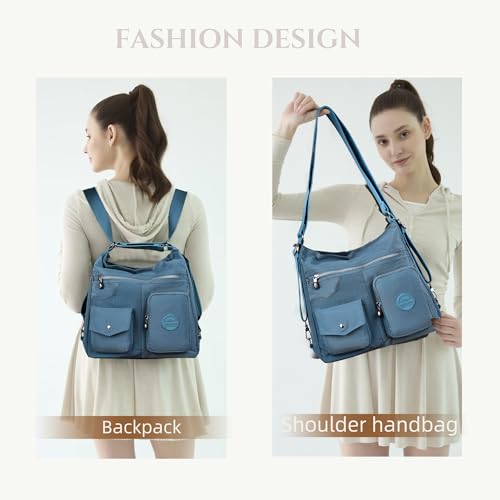 Dora & Liz Multipurpose Hobo Purse for Women with Antitheft RFID, Waterproof Nylon Crossbody Bag Shoulder Handbag, Convertible Backpack Pale Blue Large - Image 2