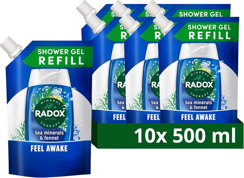 Radox Mineral Therapy Feel Awake Refill Pouch body wash pack of 10 2in1 shower gel shampoo with a sea mineral fennel fragrance for a refreshing shower experience 500 ml Blue