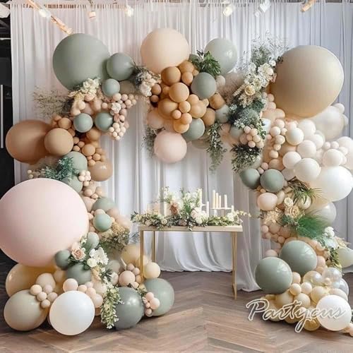 Partycus Dusty Green Nude Balloon Garland Double Stuffed Blush Brown Cream Sand White Neutral Matte Balloon Arch Kit for Baby Shower Wedding Birthday Gender Reveal Woodland Party Decoration - Image 1