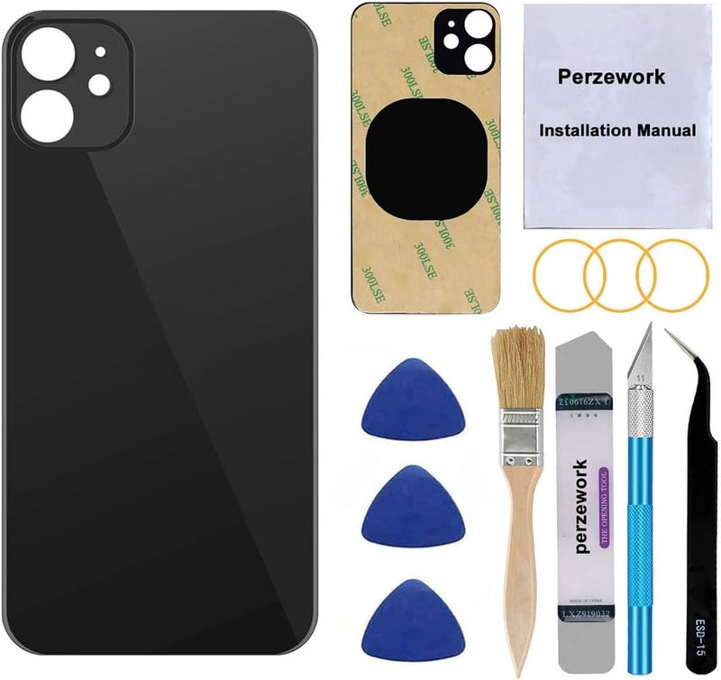 Perzework OEM Rear Back Glass Replacement for iPhone 11 6.1 inches with Reparing Toolkit and Pre-Installed Adhesive (Black) - Image 1
