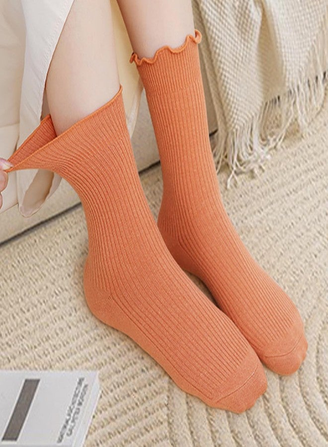 Cranviech 6 Pairs Women's Ruffle Socks - Frilly, Cute Turn-Cuff, Breathable Soft Mid-Calf Cotton Casual Socks for Women Girls (Yellow, Green, Orange, Pink, Purple, Blue) - Image 5