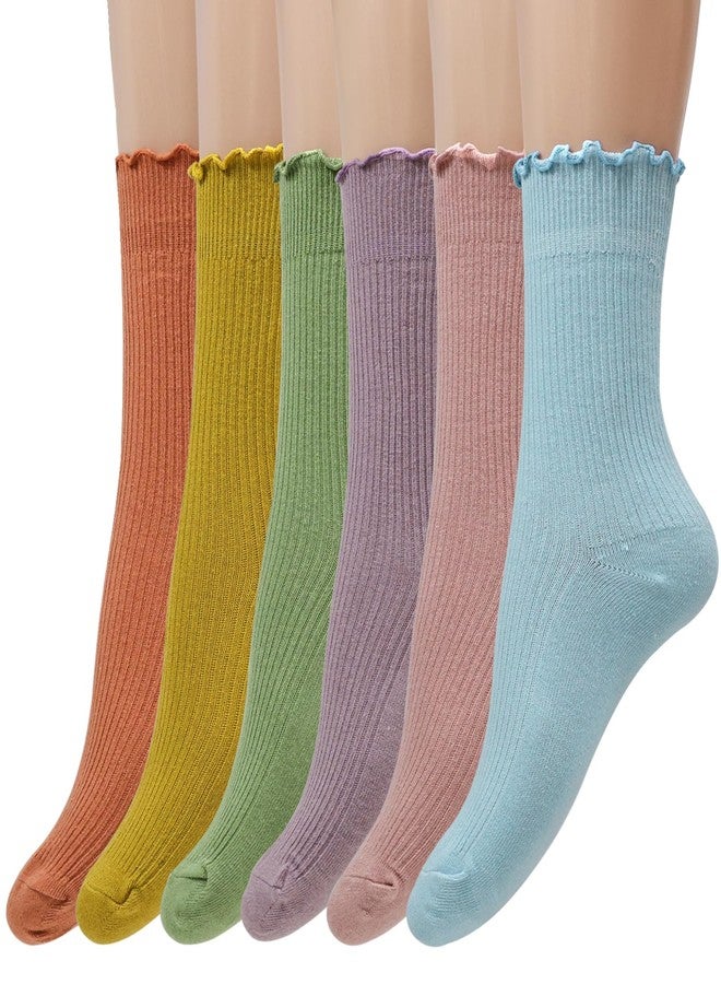 Cranviech 6 Pairs Women's Ruffle Socks - Frilly, Cute Turn-Cuff, Breathable Soft Mid-Calf Cotton Casual Socks for Women Girls (Yellow, Green, Orange, Pink, Purple, Blue) - Image 1